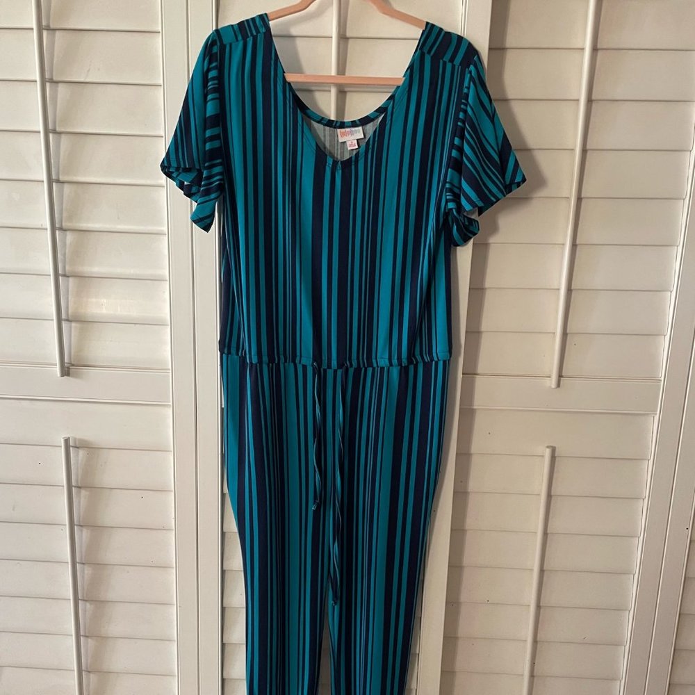 uLaRoe Xoe Jumpsuit Women's Size Small Teal and Navy Stripes Short Sleeve V Neck